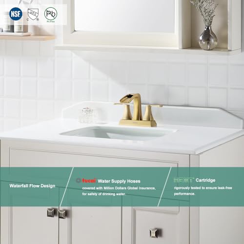 2 Handles Waterfall Bathroom Faucet with Metal Pop-up Drain and Faucet Supply Lines, Brushed Gold, Doris 1406808 - color: Brushed Gold