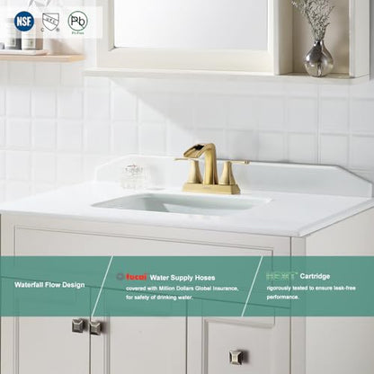 2 Handles Waterfall Bathroom Faucet with Metal Pop-up Drain and Faucet Supply Lines, Brushed Gold, Doris 1406808 - color: Brushed Gold