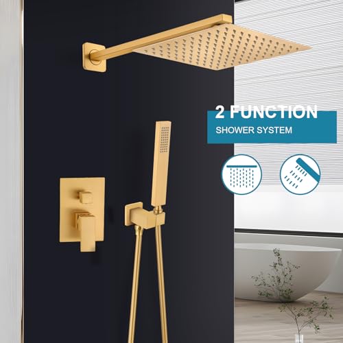 Shower Faucet Set 10 Inch Square Rain Head Brushed Gold w Handheld Sprayer & Valve - color: Gold-Square, style: 10"