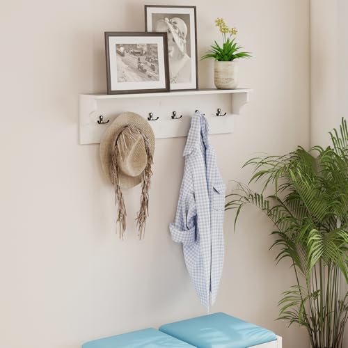 GIANTEX Coat Rack Wall Mount, 31.5" Wooden Coat Hooks with Shelf, White | Wall Clothes Rack w/ 6 Dual Hooks for Hats Towels Purses Robes, Floating Display Shelf for Living Room Bedroom Entryway - color: White