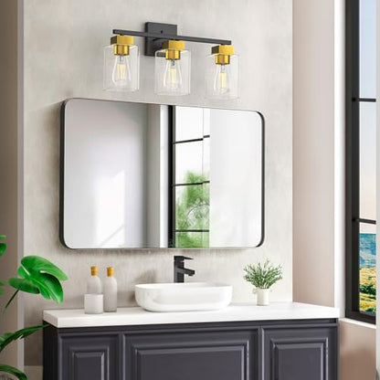 Black and Brushed Gold Bathroom Vanity Light, 3-Light Vanity Lighting fixtures Over Mirror, Square Design & UL Certification, Wall Sconces with Clear Glass Shades, E26 Socket (Bulbs Not Included) - color: Black and Brushed Gold, size: 3 Light