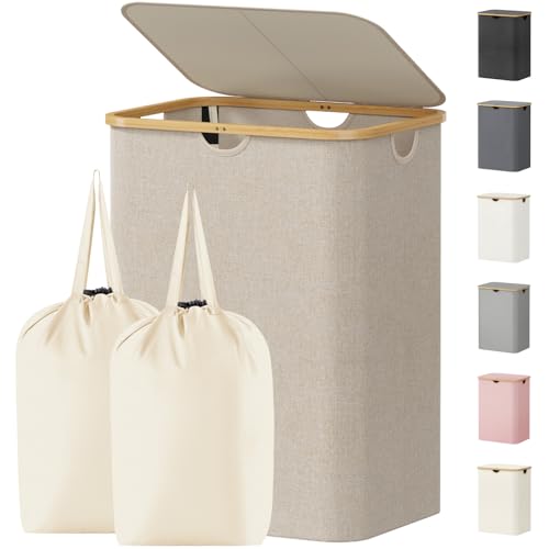 Lifewit 150L Laundry Basket with Lid, Clothes Hampers for Laundry with Bamboo Handles and 2 Removable Bag, Large Foldable Laundry Hamper for Bedroom, Bathroom, Dorm, Laundry Room, Beige - color: Beige, size: 150L