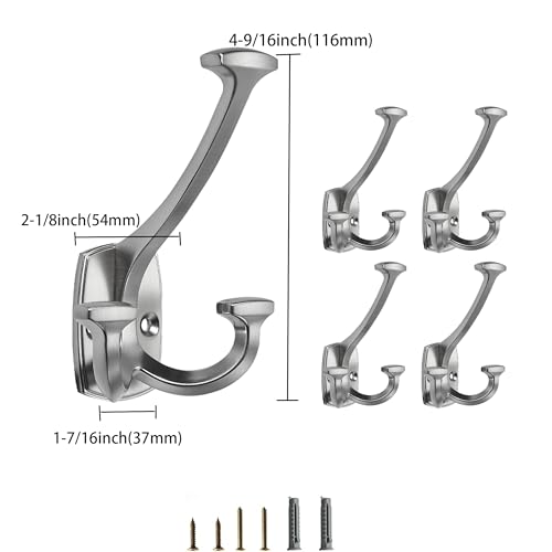 Brushed Satin Nickel Hooks Large Wall Mounted Decorative Solid Heavy-Duty Double-Sided Coat Hooks Triple Coat Hook Towels Coats Robes Towels Bag Bathroom Three Prong Coat Hook (2 Pack) - color: Brushed Satin Nickel