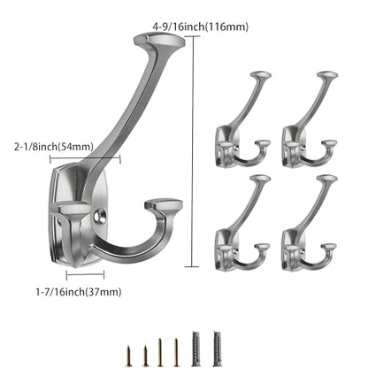 Brushed Satin Nickel Hooks Large Wall Mounted Decorative Solid Heavy-Duty Double-Sided Coat Hooks Triple Coat Hook Towels Coats Robes Towels Bag Bathroom Three Prong Coat Hook (2 Pack) - color: Brushed Satin Nickel