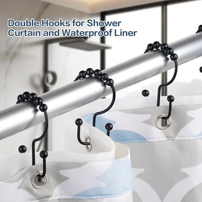 DAWNER Shower Curtain Hooks Rings, Rust Proof Hooks, Metal Easy Glide Double Shower Rings Hooks, Stainless Steel Shower Curtain Hangers for Bathroom Shower Curtains, Set of 12 Hooks, Matte Black - color: Matte Black
