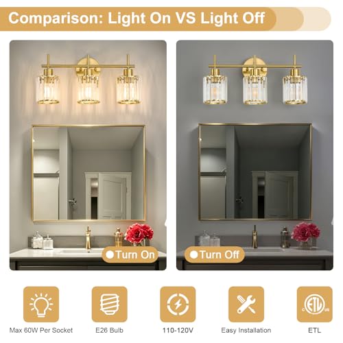 Brushed Gold Bathroom Light Fixtures, Round, 3-Light | Vanity Lights with Crystal Shades, Modern Bathroom Lighting Fixtures over Mirror (Bulbs Not Included, E26) - color: Brushed Gold (Round), size: 3-Light