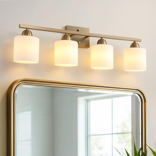 Mecgirn Milk Glass Vanity Lights for Bathroom, 4 Light Brass Bathroom Light Fixtures Over Mirror, Ceramic E26 Sockets Wall Mounted - color: Brass, size: 4 Light