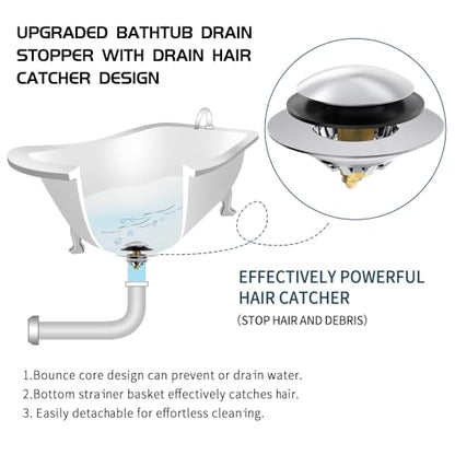 Bathtub Drain Stopper with Hair Catcher, Anti Clogging Bath Tub Drain Stoppers, Replaces Lift and Turn, Tip-Toe and Trip Lever drains for Tub, Easy Install and Clean (Chrome Silver)