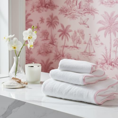 Lotus Linen Scallop Piping Towel Set of 6, 620 GSM 100% Zero Twist Cotton, 2 Bath, 2 Hand Towels, 2 Washcloths, Hanging Loops, Soft Absorbent Bathroom Essentials (Pink Piping, Towel Set (Pack of 6)) - color: Pink Piping, size: Towel Set (Pack of 6)