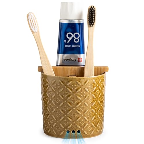 Zoeeker Toothbrush Holders for Bathroom with Drainage and Bamboo Divider | Ceramic Toothbrush and Toothpaste Holder, Detachable 3 Slots Electric Tooth Brush Cup Storage Caddy for Family, Kids, Yellow - color: A-yellow