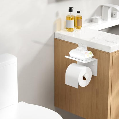 FORIOUS Toilet Paper Holder with Shelf, Adhesive or Screw, White | Wall Mount Toilet Paper Roll Holder for Bathroom, Stainless Steel Commercial Toilet Tissue Roll Dispenser with Phone Shelf - color: White