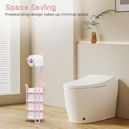 TomCare Toilet Paper Holder Stand Free Standing, Holds 4 Mega Rolls, Pink | Tool-Free Assembly, Detachable Metal Wire Frame, Powder-Coated Finish, Easy Storage and Flexible Bathroom Placement - color: Pink, size: Standard