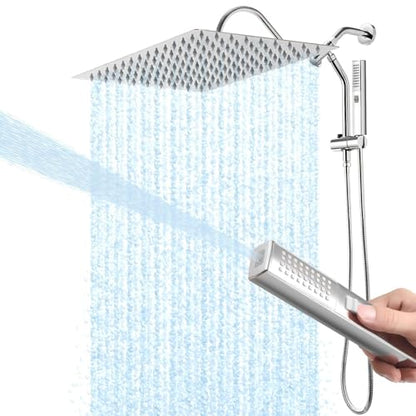 Rain Shower Head, 12 * 8 Inch Rectangular Shower Head with Handheld Spray, Rainfall Dual Showerhead Set with Adjustable Slide Bar, 77" Hose, Curved Extension Arm, Chrome, 1.8 GPM, DOE & CEC Certified