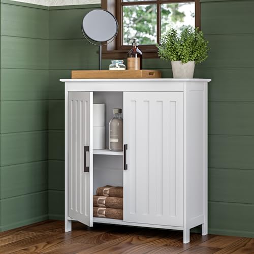 RiverRidge Monroe Two-Door Bathroom Floor Storage Cabinet - White | Linen Cabinet with Adjustable Interior Shelf and Soft Close Hinges, Matte Black Handles