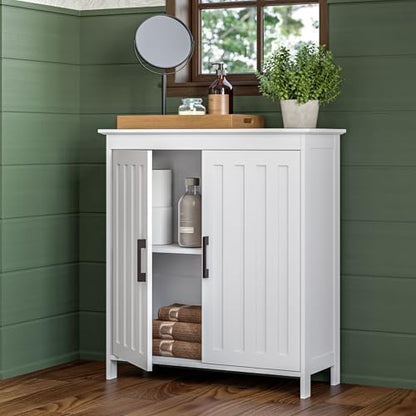RiverRidge Monroe Two-Door Bathroom Floor Storage Cabinet - White | Linen Cabinet with Adjustable Interior Shelf and Soft Close Hinges, Matte Black Handles