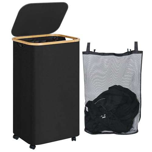 IEGrow Laundry Hamper with Wheels 110L Clothes Basket for Laundry,Black | Laundry Basket with Lid and Bamboo Frame, for Laundry Room, Bedroom, Dormitory Storage - color: Black, size: 110L