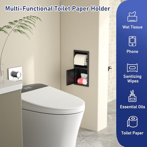Toilet Paper Holder, Hidden Tampon Storage Holder | in Wall Toilet Roll Holder, Recessed Toilet Niche for Bathroom (Matte Black) - color: Matte Black