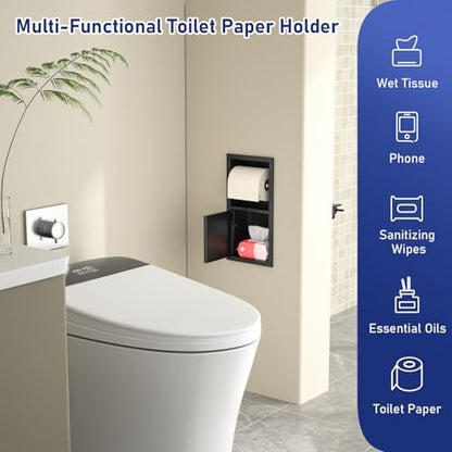 Toilet Paper Holder, Hidden Tampon Storage Holder | in Wall Toilet Roll Holder, Recessed Toilet Niche for Bathroom (Matte Black) - color: Matte Black
