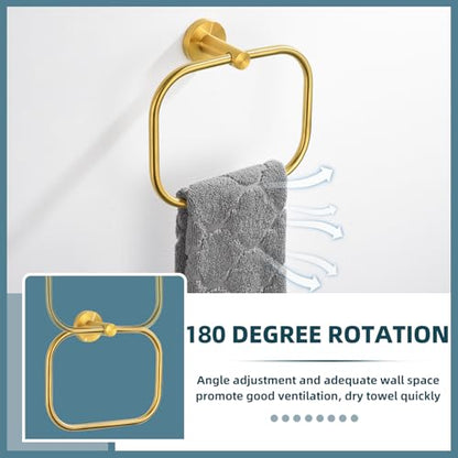 Brushed Gold Towel Ring for Bathroom, Rustproof 304 Stainless Steel | 180° Swivel Hand Towel Holder, Modern 7.09" Square Hanging Loop, Easy Towel Hang & Grab, Space-saving Drilling Wall Mounted - color: Brushed Gold