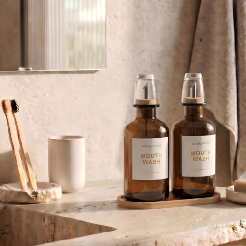 11.8OZ Glass Mouthwash Dispenser, Set of 2, Amber | Stainless Steel & Bamboo Nozzle, Mouthwash Cup Reusable, Bamboo Tray, Elegant Gold Sticker - color: Amber/350*2