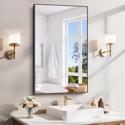 YIROMAN Bathroom Mirror 24"x40", Matte Black Bathroom Mirror for Over Sink with Aluminum Frame, Rectangular Vanity Mirror with Right Angles, Wall Mirror Hangs Horizontal or Vertical, Shatterproof - color: Black, size: 40"L x 24"W