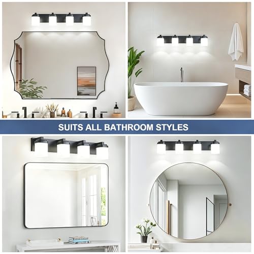 29 Inches Bathroom Vanity Light, 4-Light Black Bathroom Light Fixtures Over Mirror, Bathroom Light Shower Lamp with Milky White Square Glass Shade, Modern Farmhouse Lighting Fixtures - color: Black, size: 29 Inch : 4-lights