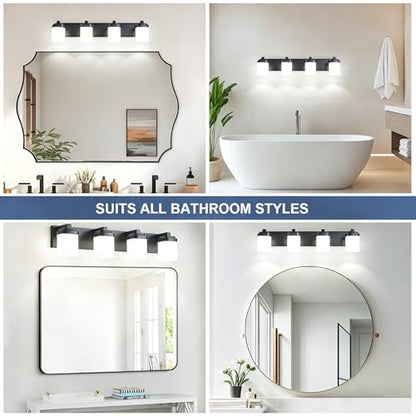 29 Inches Bathroom Vanity Light, 4-Light Black Bathroom Light Fixtures Over Mirror, Bathroom Light Shower Lamp with Milky White Square Glass Shade, Modern Farmhouse Lighting Fixtures - color: Black, size: 29 Inch : 4-lights