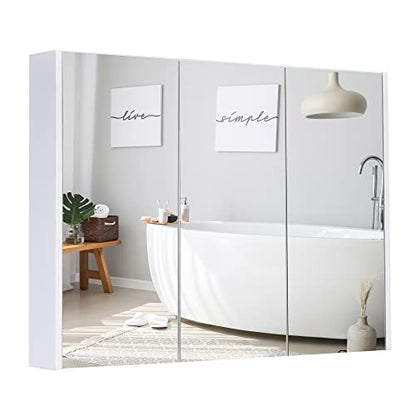 GLACER Large Mirrored Medicine Cabinet, Bathroom Wall Mounted Storage Cabinet with Triple Mirrored Doors, Ideal for Bathroom, Living Room, 36 x 4.5 x 25.5 inches (White)