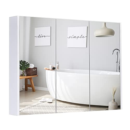 GLACER Large Mirrored Medicine Cabinet, Bathroom Wall Mounted Storage Cabinet with Triple Mirrored Doors, Ideal for Bathroom, Living Room, 36 x 4.5 x 25.5 inches (White)