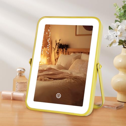 YEKKOPT Gold Rechargeable Makeup Mirror with Lights, LED Vanity Mirror, 3 Color Modes, Portable Desktop Mirror, Adjustable Brightness, Ideal for Dorm and Home Use - color: Gold, size: 10"L x 7"W