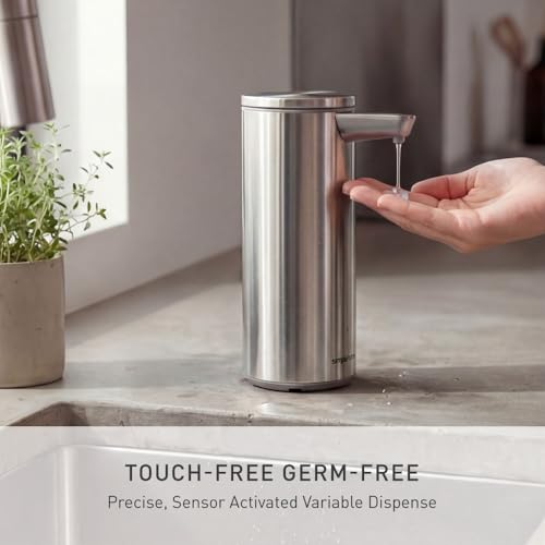 simplehuman Liquid Sensor Pump, 9 oz Automatic Soap Dispenser for Kitchen and Bathroom, Touchless Motion Sensor, Variable Dispense, Rechargeable, No-Drip Spout, High-Grade Brushed Stainless Steel - color: Brushed, style: 9 Oz.