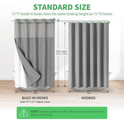 eachope No Hooks Needed Linen Textured Shower Curtain with Snap-in Fabric Liner Set,Grey Hotel Luxury Decor Shower Curtains for Bathroom,Waterproof & Washable,71Wx77H | 230GSM Thick Fabric,Hotel Luxury Decor,Mesh Top Window,Magnetic Weighted Hem,Waterproo