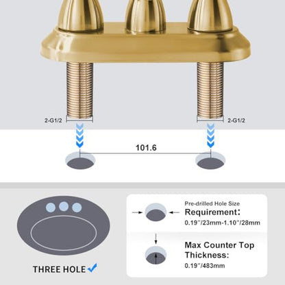 Brushed Gold Bathroom Faucet with Pop-up Drain Assembly, 2 Handles Centerset Bathroom Sink Faucet 4 Inch with 360° Swivel Spout, Stainless Steel Faucet for Vanity Sink with Water Supply Lines - color: Brushed Gold, size: 4 Inch