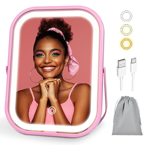 YEKKOPT Lighted Vanity Mirror, Rechargeable Travel Makeup Mirror with Lights, 8''x6'' Desk Mirror with Lights,Make up Mirror with Lighting for Makeup Desk ＆ Dressing Room - color: Pink, size: 8"L x 6"W