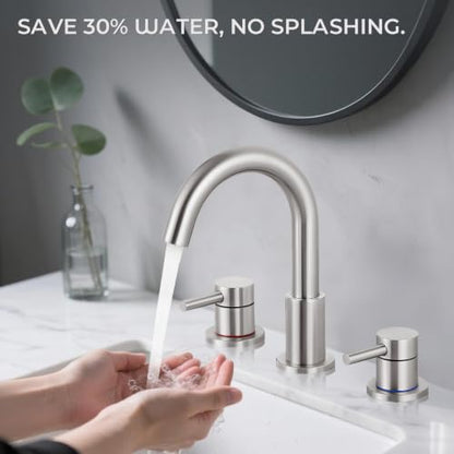 Bathroom Faucet 3 Hole Brushed Nickel, 2-Handle Widespread Faucet | Lead-free stainless steel, pop-up drain, Detachable faucet aerator, 360°swivel, for RV & vanity sink 3-hole mount - color: 1-Brushed Nickel, style: 8 Inch Widespread