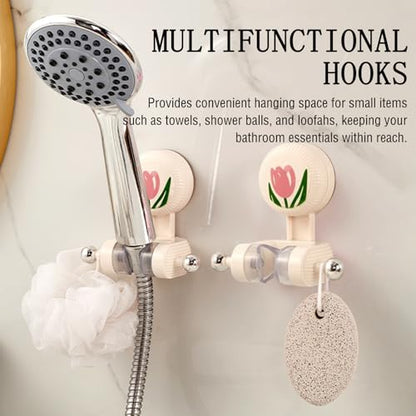 Handheld Shower Head Holder - Adjustable Suction Cup Bracket for Bathroom Wall Mount with Hook for Towels,Shower Ball,Shower Loofah, Medium, White