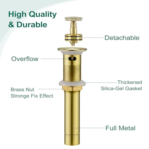 CREA Gold Bathroom Sink Drain Stopper,Pop Up Sink Drain Stopper Bathroom Sink with Overflow,Vessel Sink Drain Plug with Anti-Clogging Strainer Pop Up Drain Stopper Kit All Metal Stailess Steel - color: Gold Brushed
