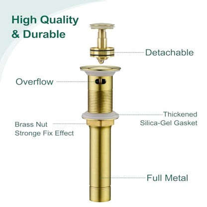 CREA Gold Bathroom Sink Drain Stopper,Pop Up Sink Drain Stopper Bathroom Sink with Overflow,Vessel Sink Drain Plug with Anti-Clogging Strainer Pop Up Drain Stopper Kit All Metal Stailess Steel - color: Gold Brushed