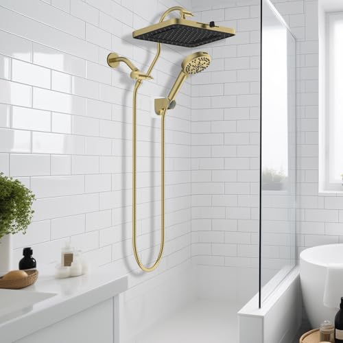 Hibbent 13'' 5-spray Rain Shower Head, 10-Spray Handheld, Brushed Gold | cUPC Certified High Pressure Dual Showerhead Combo, Upgraded Rainfall Shower Head, 12'' Extension Arm, 71'' Hose & Holder - color: Brushed Gold, style: Square 13''