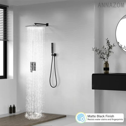 Shower Faucet Set Rain Shower System Matte Black with High Pressure 10-Inch Shower Head Handheld Square Shower Head Bathroom Luxury Rain Shower Faucet Shower Complete Combo Kit Wall Mounted - color: Matte Black, style: 10"- 2 Function