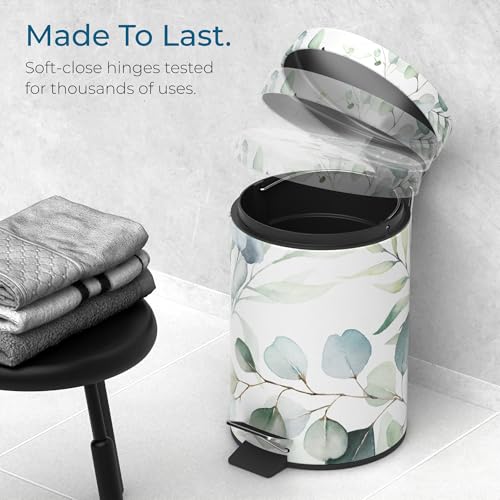 Sanilo Small Bathroom Trash Can with Lid [1.3 Gallon] - Lidded Tiny Trashcan for Garbage - Mini Metal Bin with Soft Closing Mechanism - Bath Room Accessoire Wastebin with Inner Bucket (Eucalyptus) - color: Eucalyptus