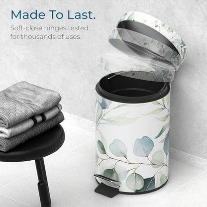 Sanilo Small Bathroom Trash Can with Lid [1.3 Gallon] - Lidded Tiny Trashcan for Garbage - Mini Metal Bin with Soft Closing Mechanism - Bath Room Accessoire Wastebin with Inner Bucket (Eucalyptus) - color: Eucalyptus