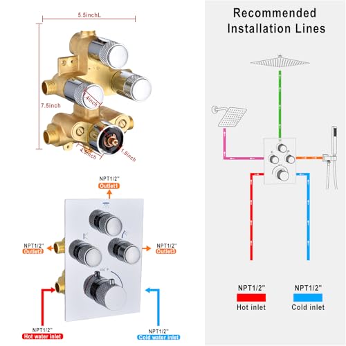 Dual Shower Heads Shower System with 16" Ceiling Mounted Rain Shower Head & 6" Wall Mounted Head Full Body Shower System 3 Way Thermostatic Shower Valve, Polished Chrome - color: Polished Chrome, style: 16inch+6inch
