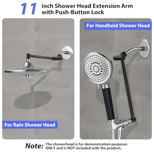 11"Adjustable Shower Extension Arm with Push-Button Lock Easy Install Black | Solid Brass One-Hand Adjust height High pressure resistance, long-term durability for All Rain & Handheld Showerheads - color: Matte Black, size: 11 Inches