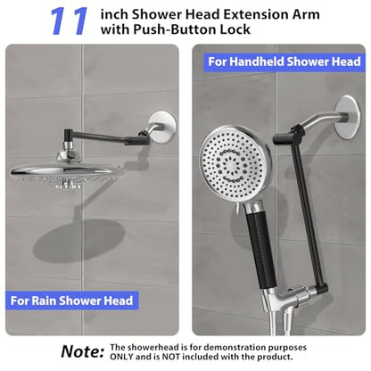 11"Adjustable Shower Extension Arm with Push-Button Lock Easy Install Black | Solid Brass One-Hand Adjust height High pressure resistance, long-term durability for All Rain & Handheld Showerheads - color: Matte Black, size: 11 Inches