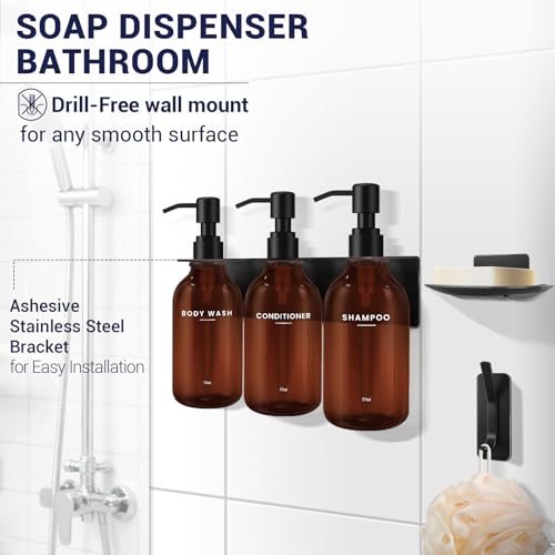 Shampoo Conditioner Body Wash Dispenser Bonus Soap Dish and Hook, Amber | 17 fl oz Set of 3 Amber Plastic Bottles with Black Pumps, Drill Free Adhesive Bathroom Organizer, Dorm Room Essentials