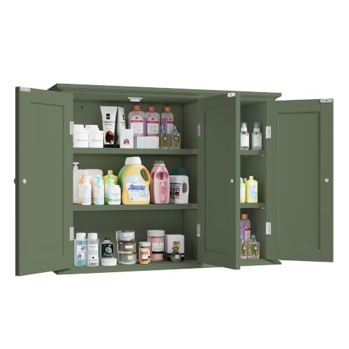 ChooChoo Laundry Cabinet with 3 Doors and Adjustable Shelves | 9.06"D x 31.1"W x 24"H, Bathroom Wall Cabinet, Cupboard, Green - color: Green, size: 9.06"D x 31.1"W x 23.4"H