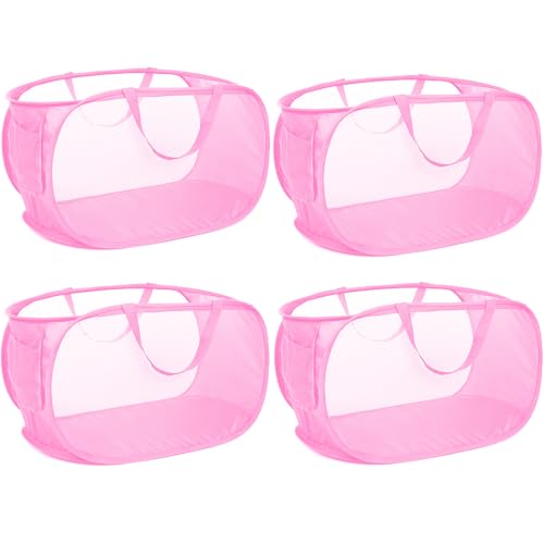 4 Pcs Durable Collapsible Laundry Baskets, Foldable Large Opening Pop Up Laundry Hamper with Pocket, Clothes Hamper with Handles for Laundry, Bathroom, Kids Room, Dorm or Travel Pink - color: 4 x Pink