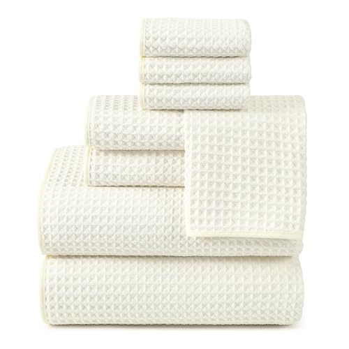REDKISS Soft 8 Piece Waffle Towel Set, Microfiber, Lighter Weight, Absorbent, Quick Dry, Lint Free Bath Towels for Bathroom, Spa & Hotel – 2 Bath, 2 Hand, 4 Washcloths, Cream - color: Cream