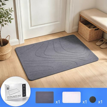 Stone Bath Mat – Quick Dry Diatomite Bath Mat, Non Slip, Fast Absorbing, Bathroom Floor Mat for Shower & Bathtub, Soft Stone Surface (23.7 x 15.4 x 0.3 inch, Grey)